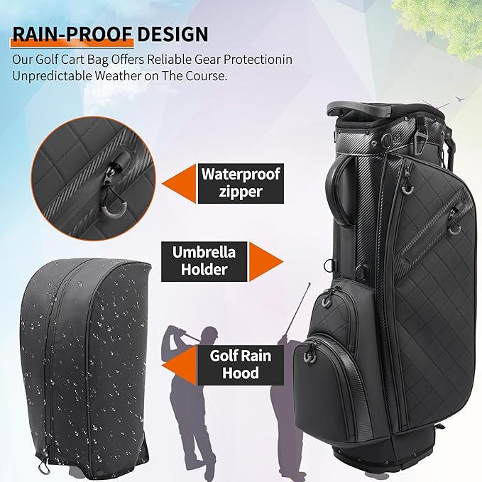 Golf Stand Bag with 14 Way Full Length Dividers, PU Leather Golf Bag for Men, Luxury Lightweight Waterproof Golf Bags with Stand, 6 Pockets & Cooler Pouch, Adjustable Dual Straps, Rain Cover Hood