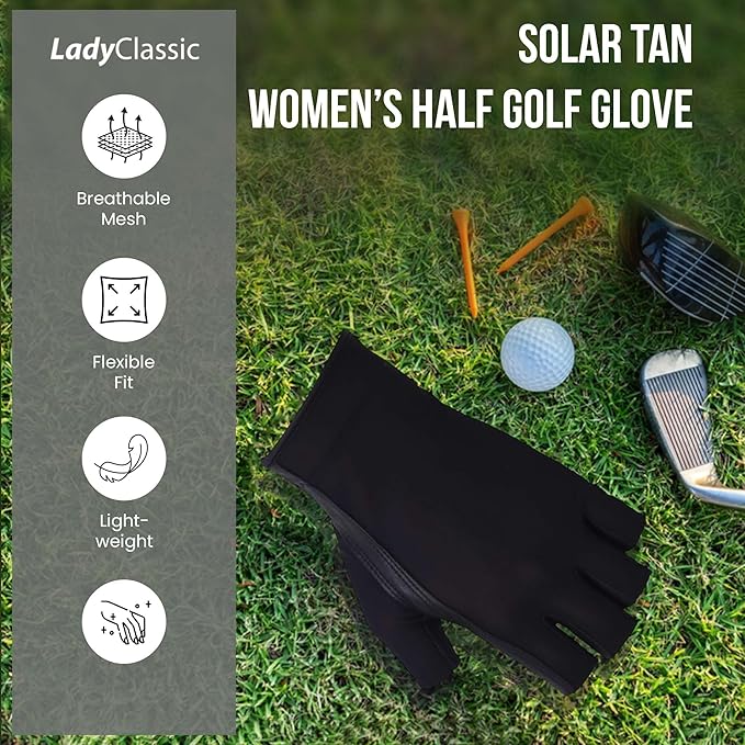 Solar Tan Women’s Half Golf Glove | SPF 10 UV-Filter Fabric, Breathable Cooling Fingerless Design for Even Tan