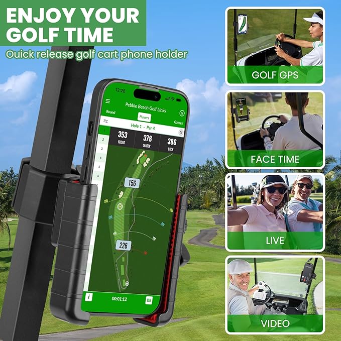 Upgraded Golf Cart Phone Mount Holder Compatible with EZGO/Club Car, 360° Rotatable One-Handed Pick & Place Universal Compatible with iPhone Galaxy Google Pixel, Golf Cart Accessories