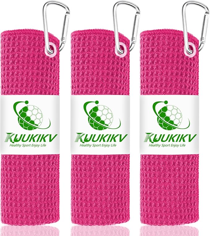 3 Pack 16" X 16" Golf Towels with Carabiner Clip, Super Absorbent Microfiber, Waffle-Pattern, Romantic Pink