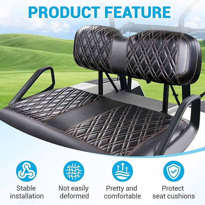 Golf Cart Seat Covers Suitable for EZGO TXT Standard Front Seat Cushion, EZGO Front Seat Covers Kit No Drilling & Waterproof (Black PVC Leather & Brown Stitching)