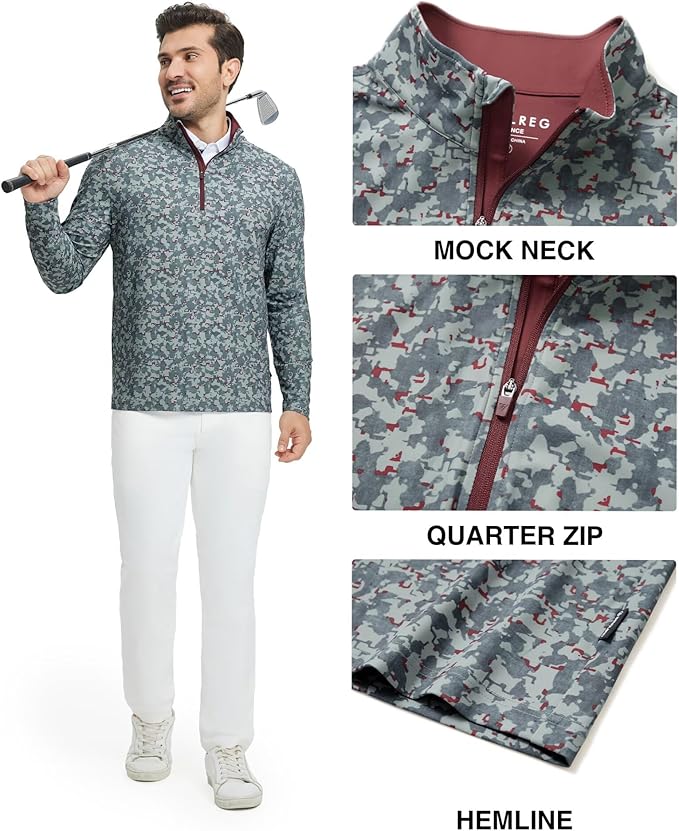 M MAELREG Quarter Zip Golf Pullover Men Dry Fit Long Sleeve Performance Wicking 1/4 Zip Full Print Pullover Mens Sweatshirt