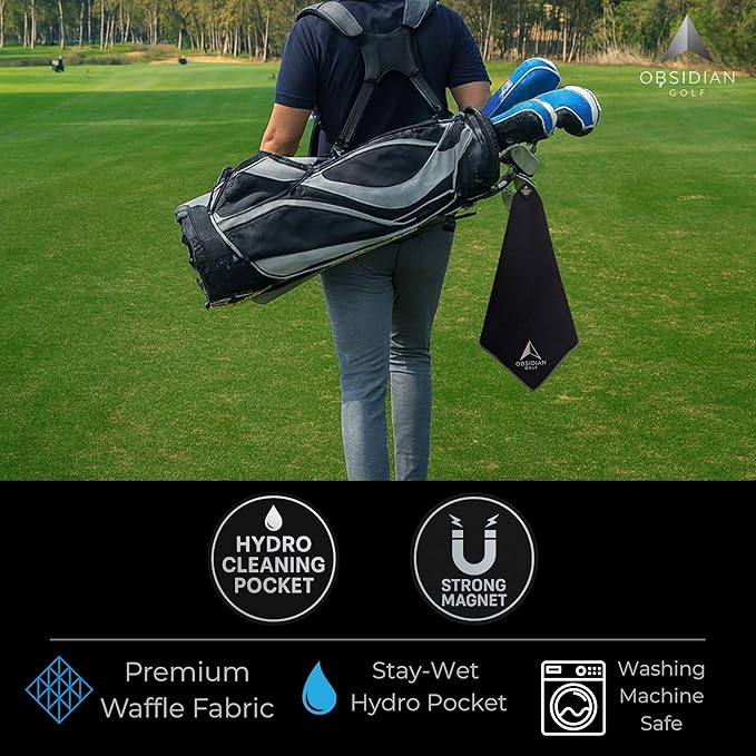 Golf Towel with Magnet & Hydro Pocket – Premium Full-Size Golf Towel HydroPouch Stays Wet for Cleaning Clubs, Easily Attaches to Clubs or Cart, Green-Side Ready (Black)