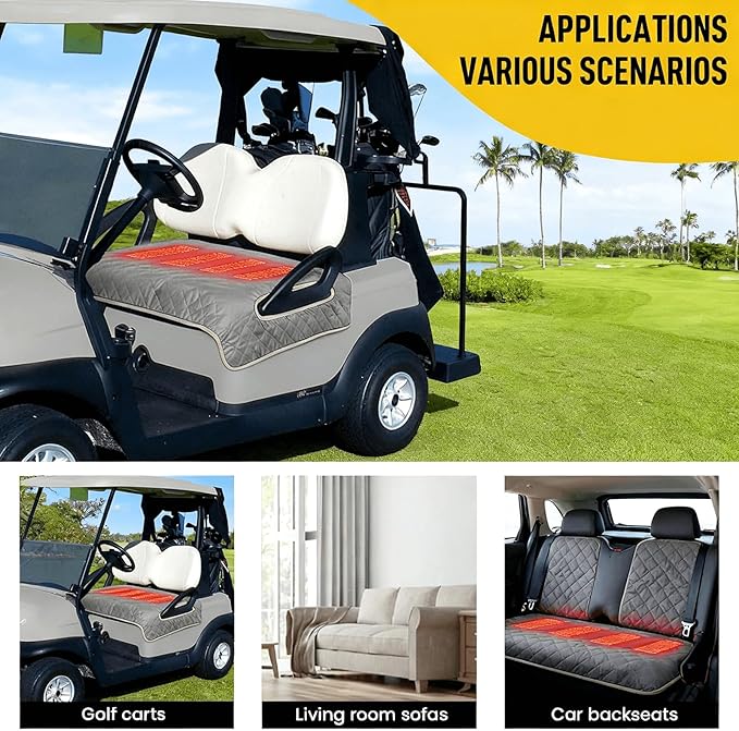 Heated Golf cart seat Cover, 3 Heating Levels and 4 Heating Zones, All-Weather Waterproof Design, Non-Slip Universal fit, USB/Type-C Power Supply, Ideal Golf Gift for Men