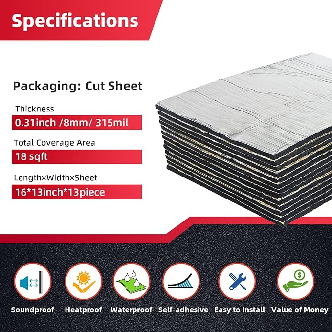 Car Sound Deadening Mat 314mil 18sqft - Automotive Hood Insulation Pad - Self-Adhesive Auto Audio Heat Shield Sound Dampening Foam Board Aluminum for Door Floor
