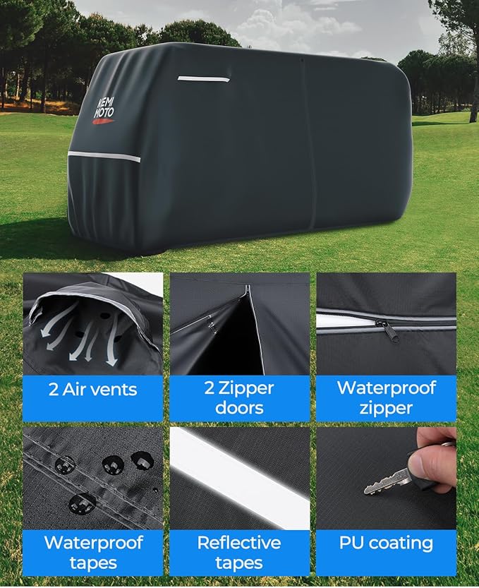 KEMIMOTO 600D Waterproof Golf Cart Cover, Universal Heavy Duty Large 8-Seater Golf Cart Rain Cover with Storage Bag Compatible with EZGO Club Car 6+2/8 Passenger, Black