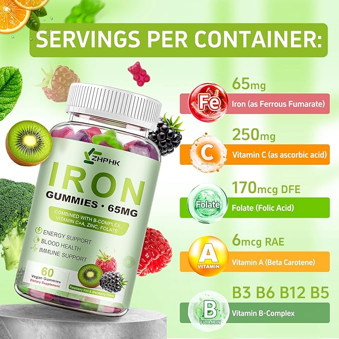 Iron Supplement for Women, Men & Kids, 65mg & Vitamin C 250mg per Serving with B6 B12 Folate- Energy Support for Iron Deficiency, Anemia, Vegan GummyRaspberry Kiwi & BlackBerry Flavor, 60 Gummies