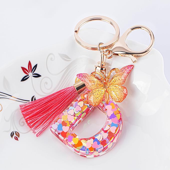 Suweibuke Colourful Cute Initial Letter Keychains for Women Girls with Tassel Butterfly, Charm for Purse Handbags Backpacks