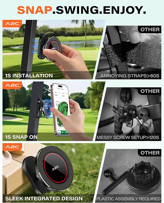 A2C Alloy Magnetic Golf Cart Phone Holder Mount Compatible with MagSafe iPhone 17 Pro Max 16 15 14 13 12 Mini Fits EZGO, Club Car, Yamaha, Icon, Golf Accessories for Men Women Essentials Gift (Black)