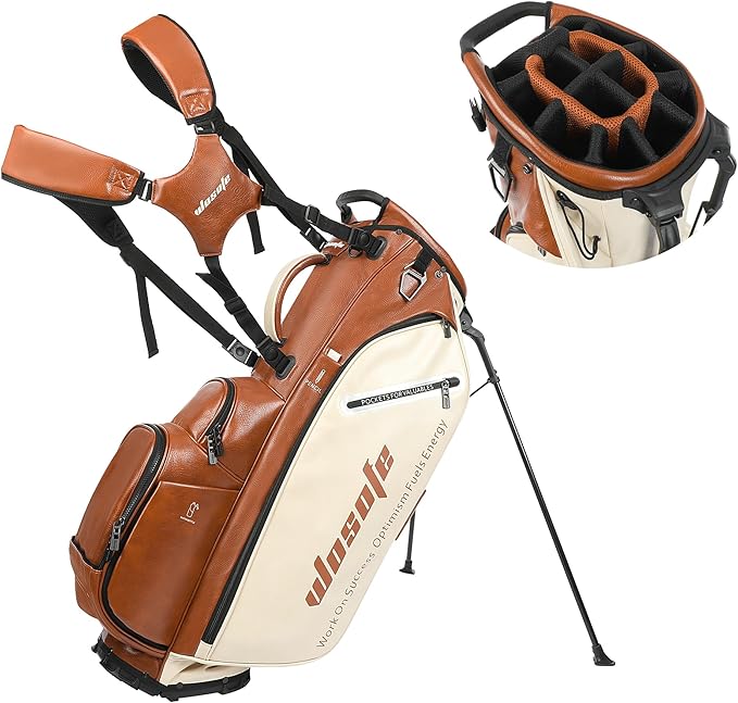 Lightweight 14-Way Golf Stand Bag, PU Leather Golf Bag Waterproof Men Women Full Length Top Dividers, Multiple 8 Pockets Cooler Pouch Adjustable Detachable Shoulder Dual Straps Rain Cover Hood