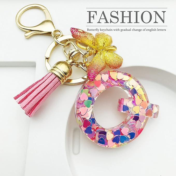JINGUAZI Initial letter Keychains for Women Tassel Butterfly Pink Purple Cute Car Keychain for Wallet Backpack bag charm