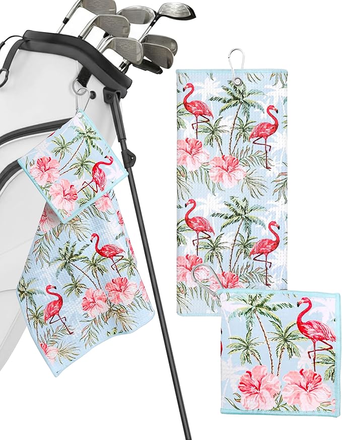 Microfiber Golf Towels for Golf Bags & Carts - Premium Weave Waffle & Ball Towels with Carabiner Clip, Essential Accessories for Men, Women, and Kids, Golfer Gifts, Set of 2 (Flamingo Paradise)