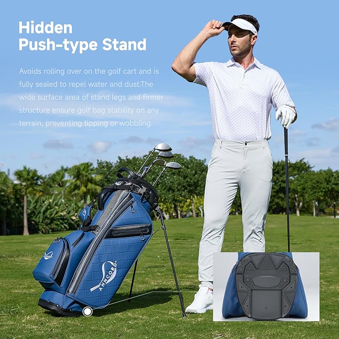 Golf Stand Bag with 14 Way Full Length Dividers, PU Leather Golf Bag for Men, Waterproof Golf Bags with Stand, 6 Pockets & Cooler Pouch, Adjustable Dual Straps, 2 Rain Cover Hood