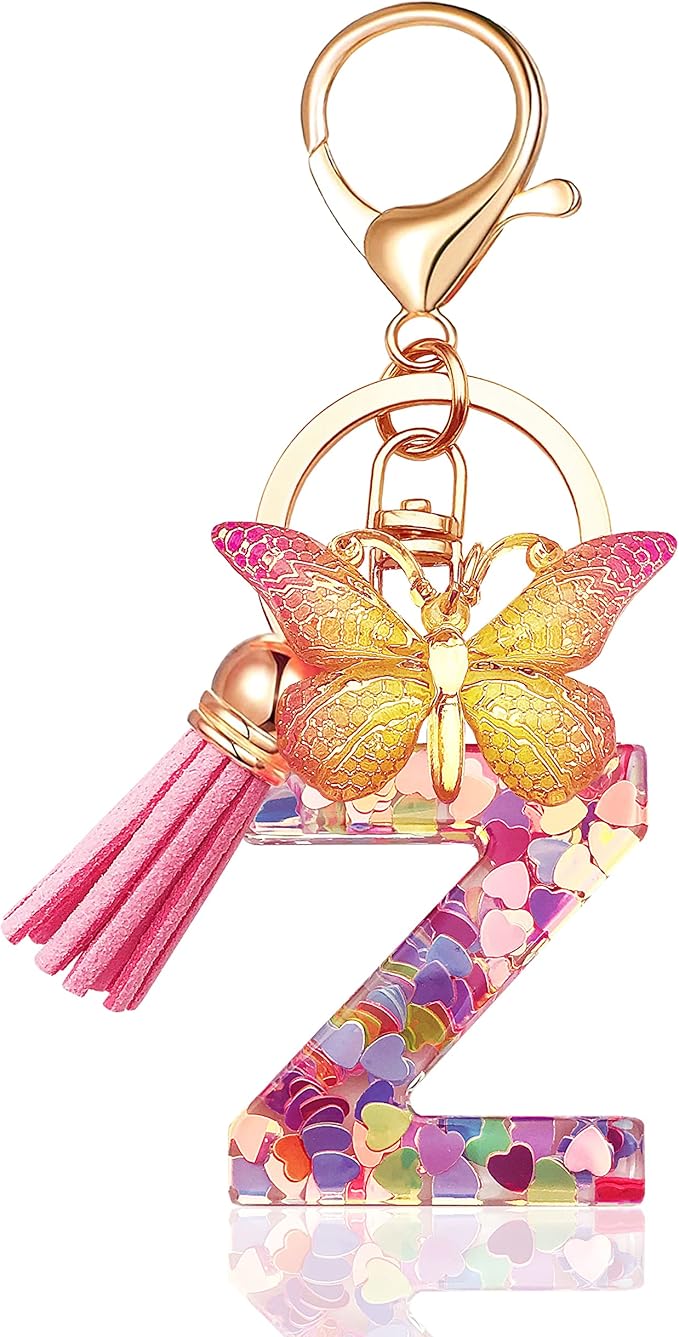 JINGUAZI Initial letter Keychains for Women Tassel Butterfly Pink Purple Cute Car Keychain for Wallet Backpack bag charm
