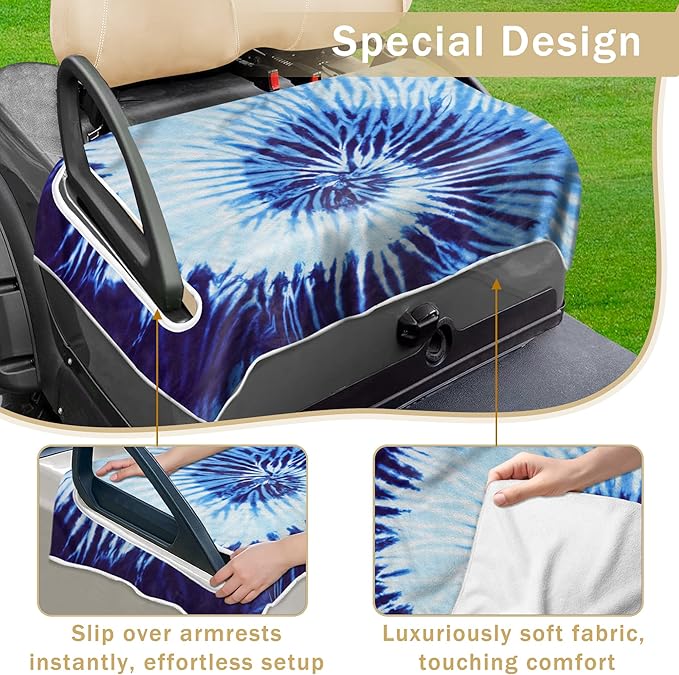YOKYHOM Summer Golf Cart Seat Covers, Tie-dye Blue Golf Cart Front Seat Towel/Blanket Fit for EZGO/Yamaha/Club Car and More Golf Carts, 100% Microfiber, Keeps Your Seat Cool and Clean, 51''x 31''