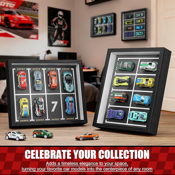 JupDec Magnetic 1:64 Diecast Display Frame, Clear Acrylic Model Car Shadow Box with Parking Layout Mat for Matchbox Hot Wheel, Dustproof Wall Mount or Tabletop Display Box, Ideal Gift for Collectors