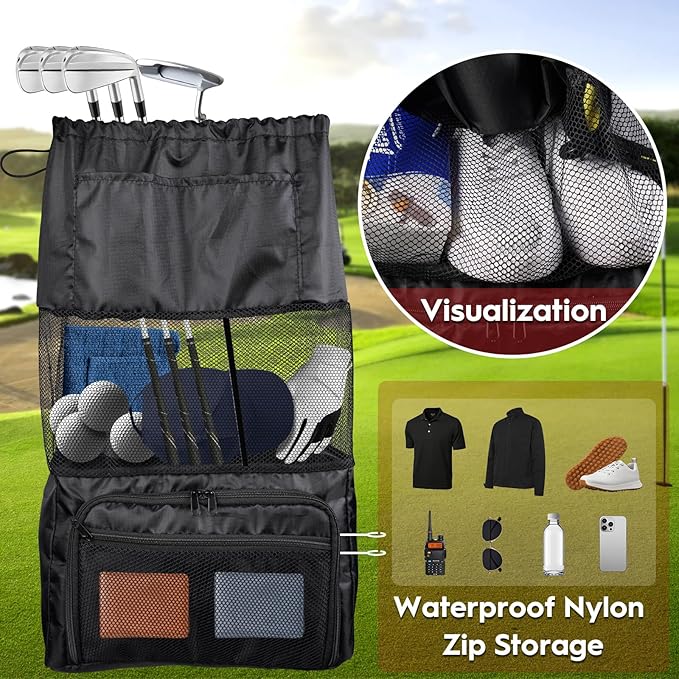 T TGBROS Universal Golf Cart Storage Organizer – Overhead Mesh Bag, Front Basket with Cup Holders & Push Cart Zippered Pouch Fits Club Car, EZGO, Yamaha, Kandi, Push Carts Large Capacity