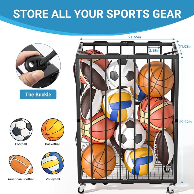 Ball Sports Organizer Storage Cart, Garage Metal Rolling Bin with Thicker Elastic Rope, Ball Holder Rack with Wheels for Volleyball, Basketball, Football, Toys, Gym, Outdoor & Indoor Equipment Storage