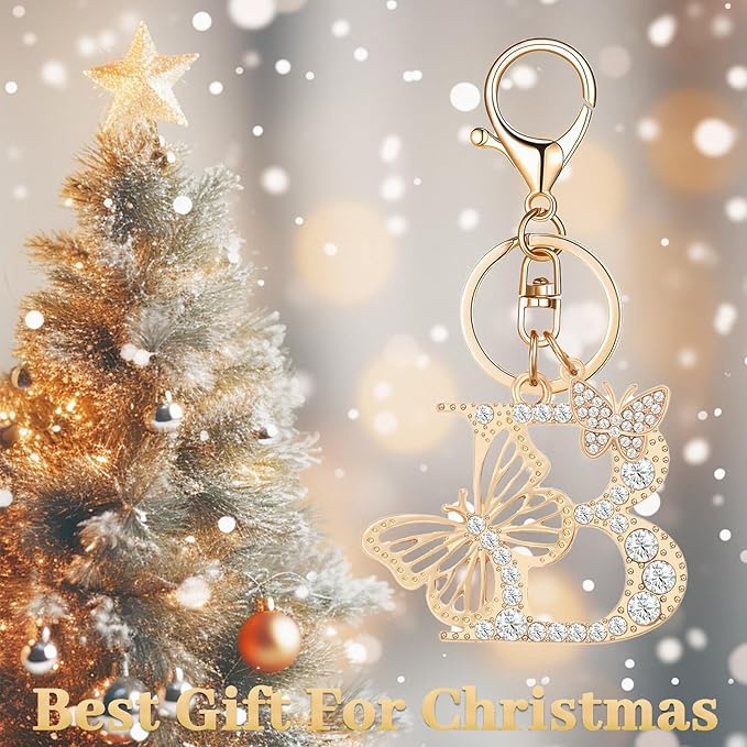 Gold Plated Alphabet Initial Letter Keyring Keychain for Women Girls Crystal Key Chains for Wallet Backpack Bag Charm