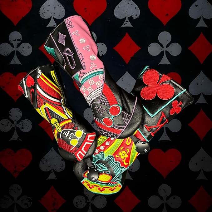 Poker Golf Headcover Golf Club Covers Fairway Wood Cover Headcover with Premium Synthetic Leather Material Embroidery Poker Pattern Fits for All Brand Golf Clubs.