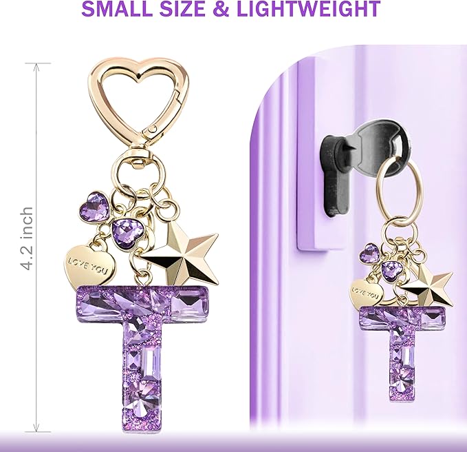 Cute Bling Keychain initial Letter Butterfly Star Pink Purple Gift for Women Girls Bag Cup Charms Accessories