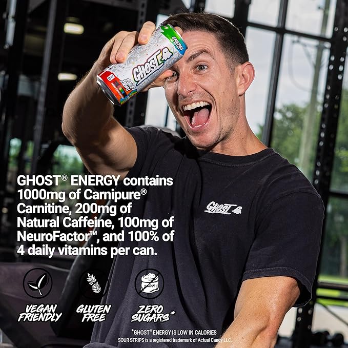 GHOST Energy Drink - 12-Pack, Sour Strips Rainbow, 16oz Cans - Energy & Focus & No Artificial Colors - 200mg of Natural Caffeine, L-Carnitine & Taurine - Gluten-Free & Vegan