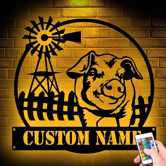 Custom Funny Pig Farmhouse Metal Sign, LED Lights Wall Art, Unique Home Decor for Kitchen or Living Room, gift for Animal Lovers, Handcrafted Hanging Decoration
