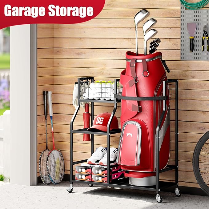 TOOLF Golf Bag Organizer, Golf Club Storage with Wheels, Sturdy Metal Golf Bag Holder Stand for Home, Garage, Outdoor, Includes 4 Storage Sections & Removable Hooks
