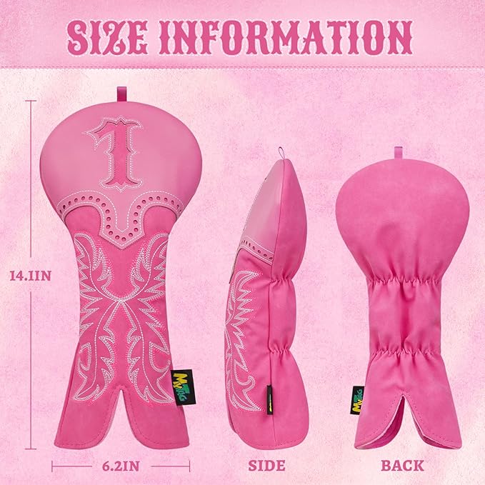 mytag Pink Golf Club Head Covers, Western Cowboy Retro Golf Headcovers with Patch & Embroidery Driver Fairway Wood Hybrids/Rescue Covers