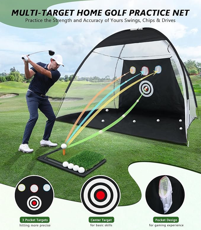 Golf Net, 10 x 7FT Golf Practice Nets for Backyard Driving Hitting Swing Chipping Training with Hitting Mat for Indoor & Outdoor, Gifts for Men Dad Husband Golfers Him