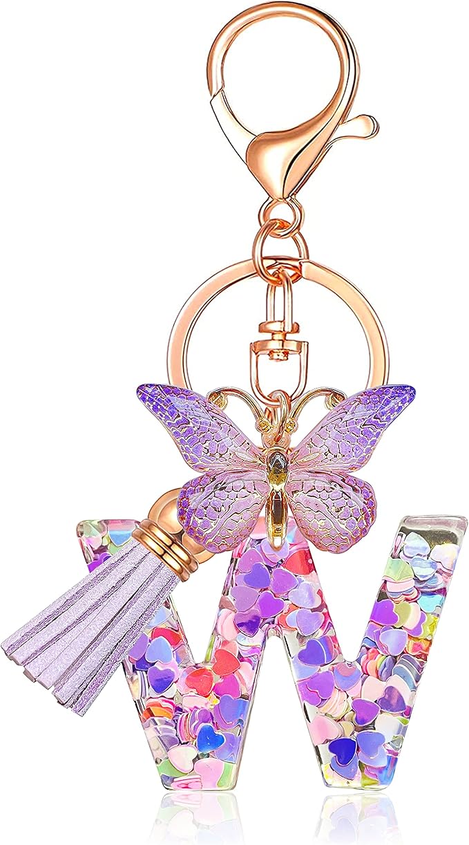 JINGUAZI Initial letter Keychains for Women Tassel Butterfly Pink Purple Cute Car Keychain for Wallet Backpack bag charm