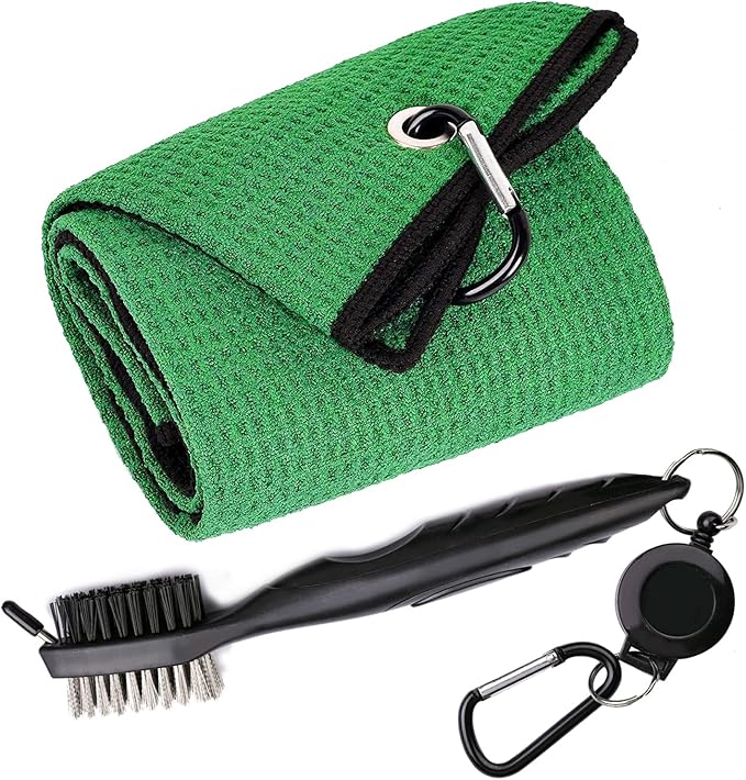 Golf Towels, Microfiber Waffle Pattern Tri-fold Golf Towel - Brush Tool Kit with Club Groove Cleaner, with Clip Men Women Golf Gifts (Green Towel+Black Brush)