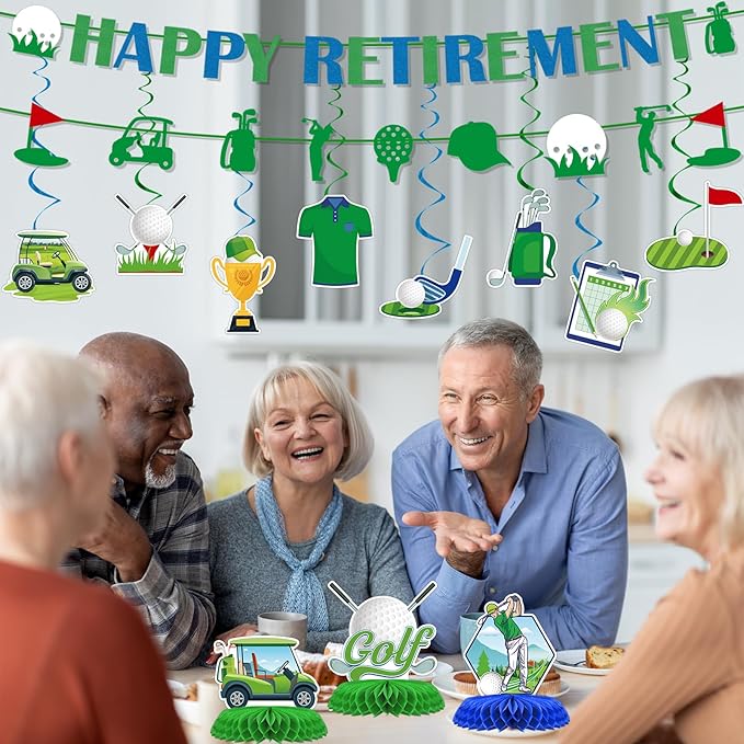 Golf Retirement Party Decorations - 13PCS Golf Themed Party Decorations Happy Retirement Banner Hanging Swirls Honeycomb Centerpieces Sport Themed Retire Going Away Partee Decor Supplies