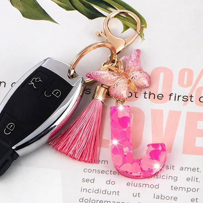 Suweibuke Colourful Cute Initial Letter Keychains for Women Girls with Tassel Butterfly, Charm for Purse Handbags Backpacks