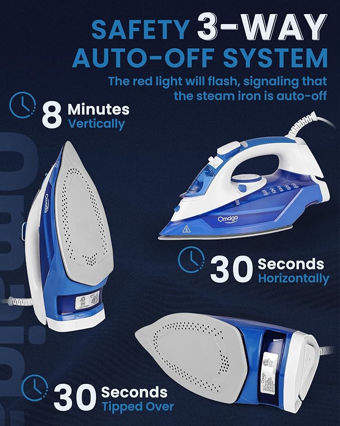 Steam Iron for Clothes, 1500W Clothes Iron with 3-Way Auto-Off, Non-Stick Ceramic Soleplate, Iron for Clothes with 11.84oz Water Tank, Self-Cleaning, Anti-calc, White