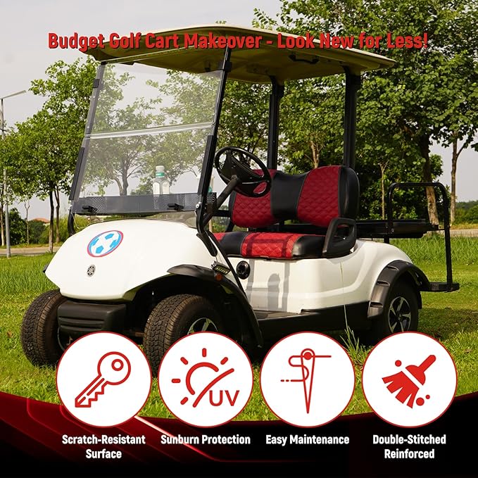 Golf Cart Seat Covers Front and Rear Waterproof and Sun Resistant Marine Grade Vinyl Leather Seat Cover Accessories for Yamaha Drive 2007-2016/Drive 2 2017+, Deep Red(4PCS)