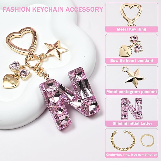 Cute Bling Keychain initial Letter Butterfly Star Pink Purple Gift for Women Girls Bag Cup Charms Accessories