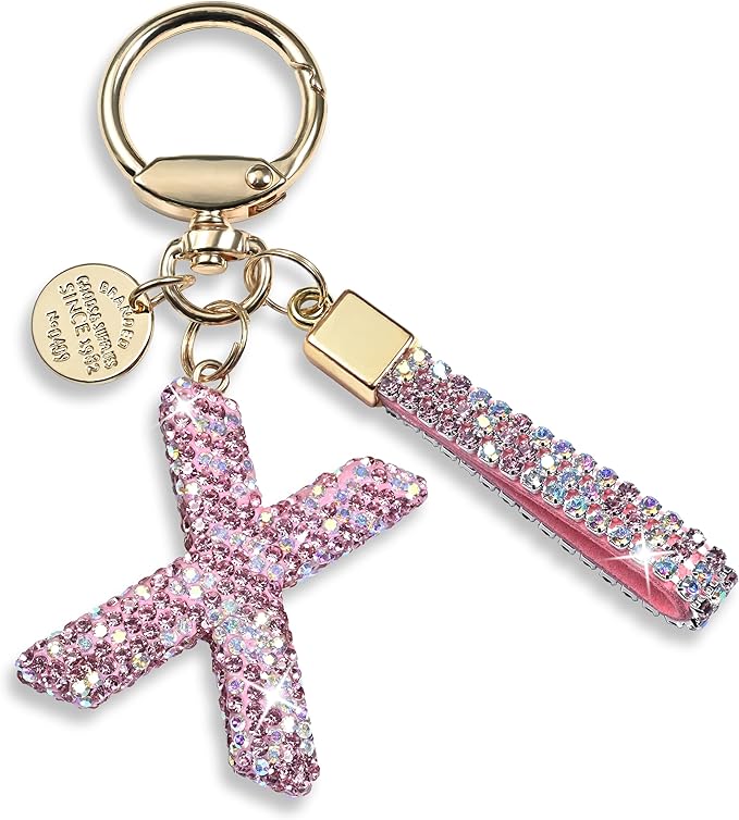 Pink Blue White Initial Letter Keychain Gift for Women Girls Bling Sparkly Cute Backpack Car Key Accessories Lanyard