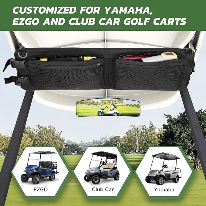 T TGBROS Universal Golf Cart Storage Organizer – Overhead Mesh Bag, Front Basket with Cup Holders & Push Cart Zippered Pouch Fits Club Car, EZGO, Yamaha, Kandi, Push Carts Large Capacity