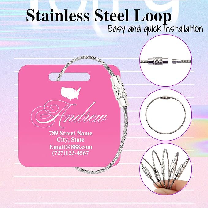 Personalized Luggage Tags for Suitcases,Custom Acrylic Tags with Hole & Steel Loop for Travel,Backpacks,Golf,Bagwine Cup,Waterproof (Pink)