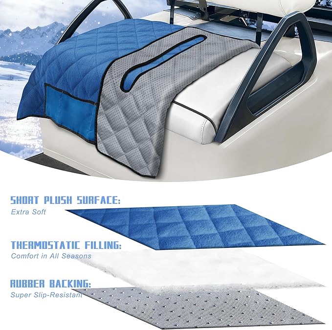 YOKYHOM Golf Cart Seat Covers with 4 Front Pockets, Thick and Non-Slip Golf Cart Seat Towel Blanket, Fits for EZGO, Yamaha, Club Car and More 2 Seats Golf Carts, Blue