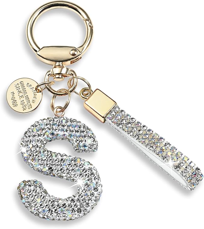 Pink Blue White Initial Letter Keychain Gift for Women Girls Bling Sparkly Cute Backpack Car Key Accessories Lanyard
