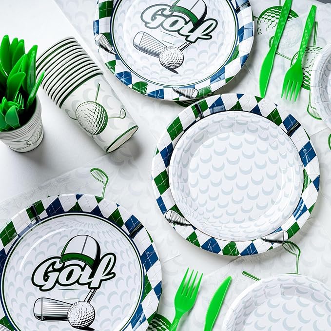 Golf Party Decorations Set for 50 Guests, 350 Pieces, Plates, Cups, Napkins, Cutlery, Green and White