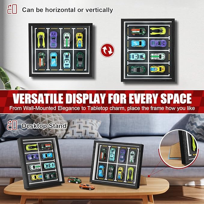 JupDec Magnetic 1:64 Diecast Display Frame, Clear Acrylic Model Car Shadow Box with Parking Layout Mat for Matchbox Hot Wheel, Dustproof Wall Mount or Tabletop Display Box, Ideal Gift for Collectors