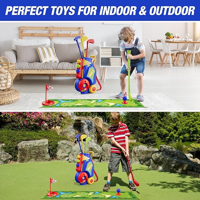 Toddler Golf Set 2-4 Years, Kids Golf Club with 8 Balls, 4 Plastic Clubs, Putting Mat, Scoreboard, Storage Bag, Indoor Outdoor Game with Golf Cart Sport Toy Gift for Baby Boys Girls Age 3-5, Blue
