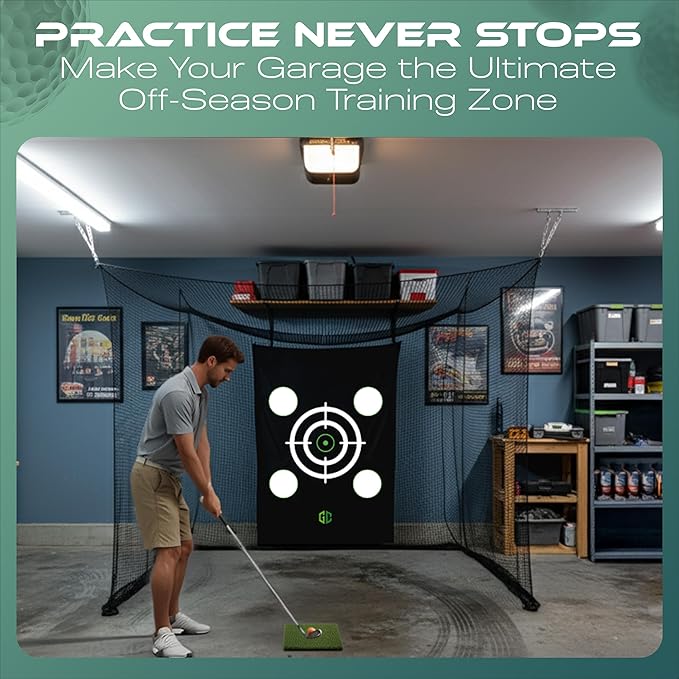 GrdnCare Heavy-Duty Golf Hitting Net 10x8x5.5 FT- Golf Practice Net with Silent Target Tarp, 5-Ply Net, Mat & Tee, Steel Tubes, Poles & Carry Bag - Golf Nets for Backyard, Indoor, Outdoor & Garage