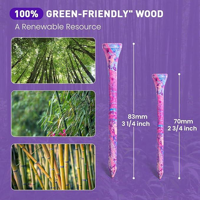 Amy Sport Golf Tees Styllish Bamboo Wooden Coloured Painted Bulk 200 Pack 1 1/2 3 1/4 2 3/4 Inch Tee, Enhanced Visibility Color Purple Pink Green Blue, Practice for Men Women