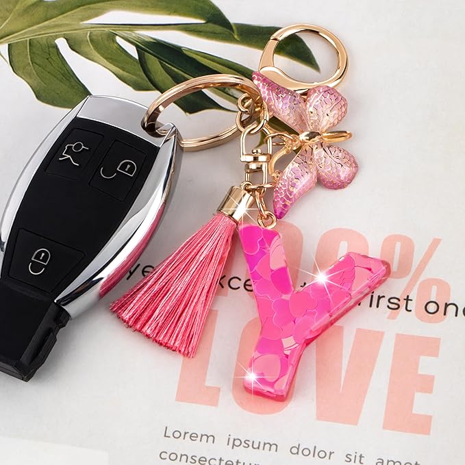 Suweibuke Colourful Cute Initial Letter Keychains for Women Girls with Tassel Butterfly, Charm for Purse Handbags Backpacks