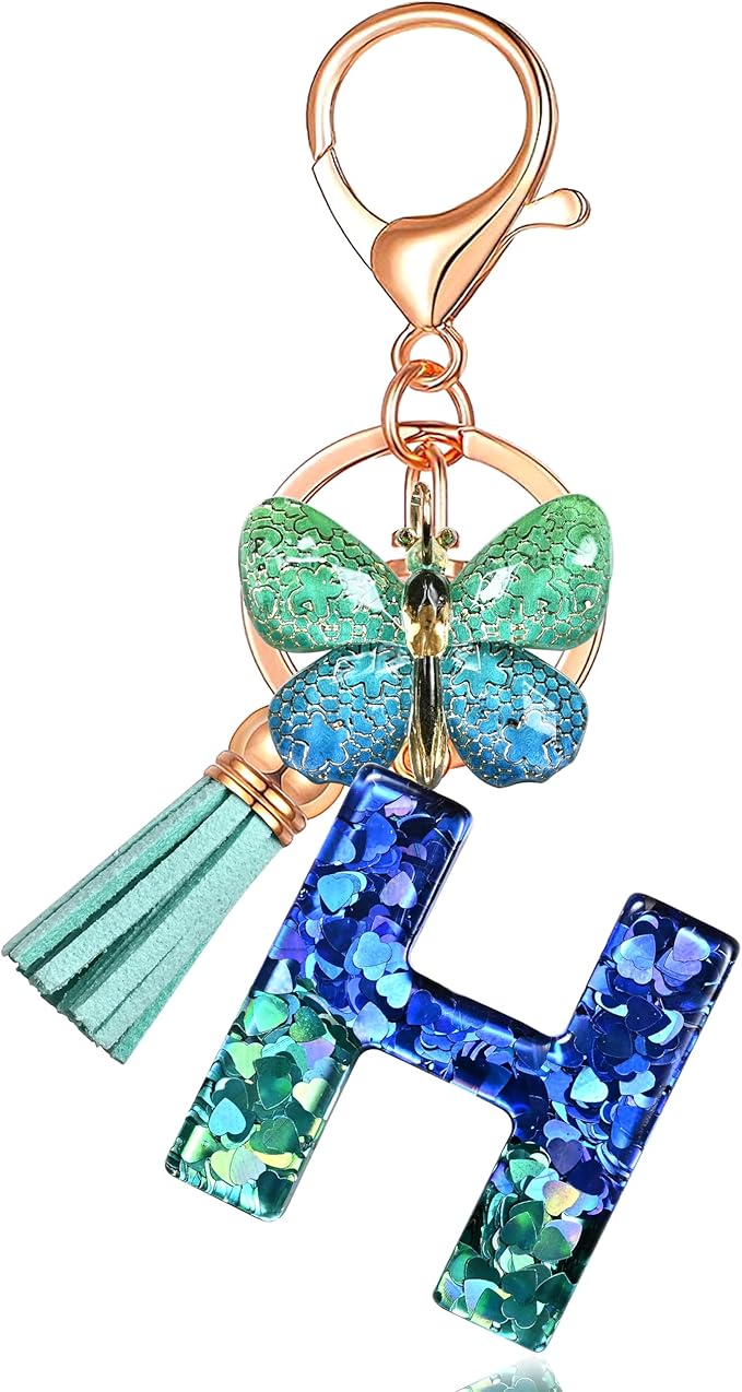 JINGUAZI Initial letter Keychains for Women Tassel Butterfly Pink Purple Cute Car Keychain for Wallet Backpack bag charm