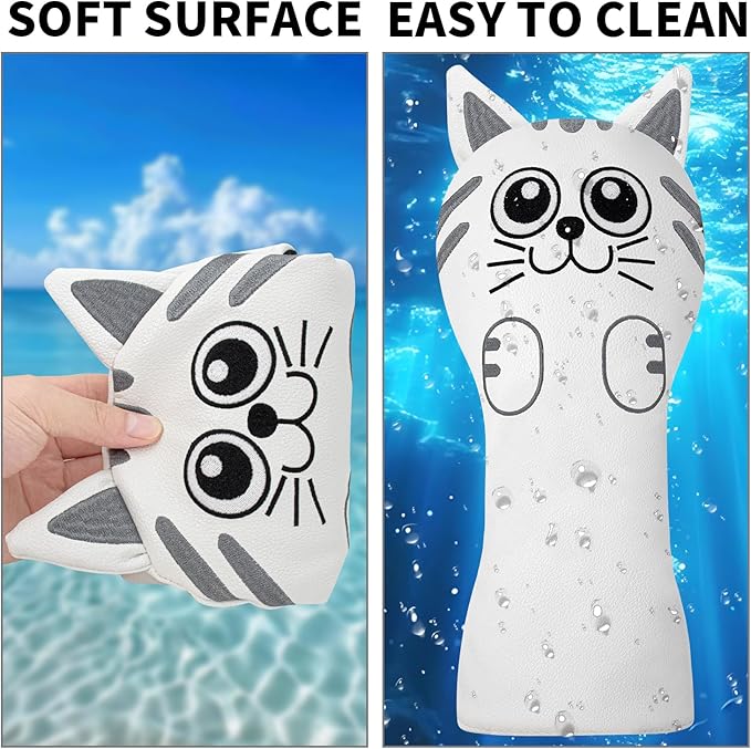 Golf Kitty Head Cover Golf Club White Leather Headcovers 1pc/4pcs Set Fits Driver Fairway Wood Hybrid Utility Putter Iron Wedge Headcover.